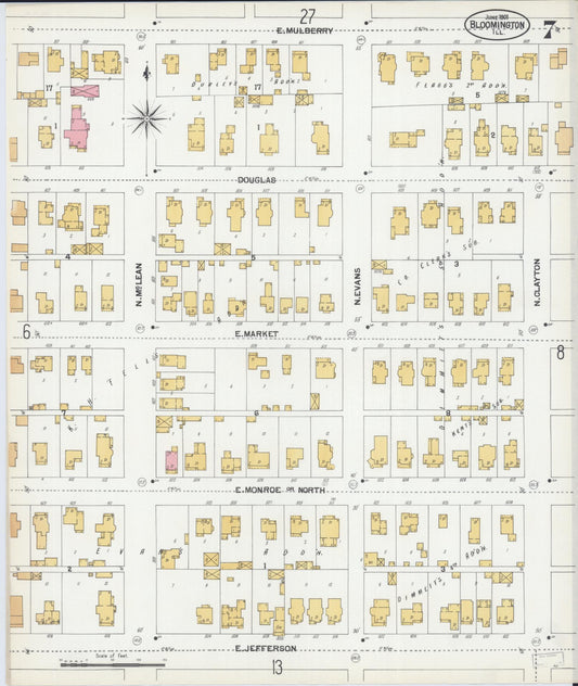 Sanborn Fire Insurance Map from Bloomington, McLean County, Illinois (1901), Sheet #0007 - Historic Sanborn Fire Insurance Map Print, vintage old map wall art, antique decor, genealogy gift, Illinois Illinois map