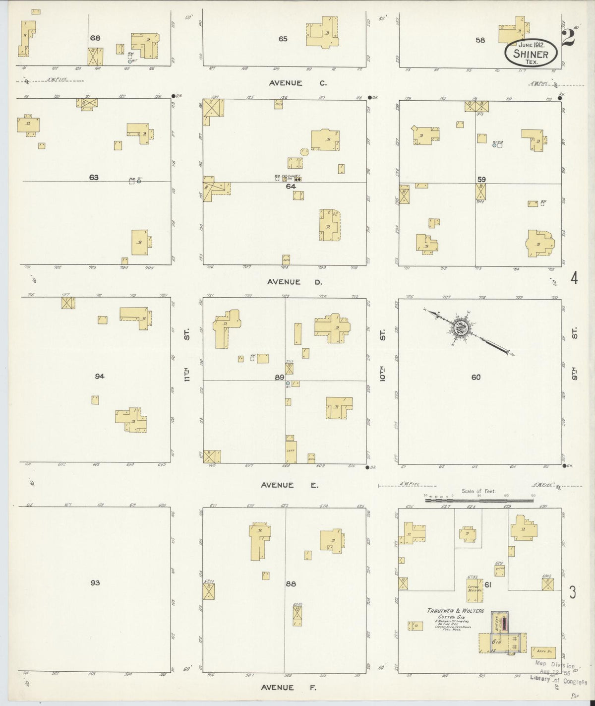 Sanborn Fire Insurance Map from Shiner, Lavaca County, Texas (1912), Sheet #0002 - Historic Sanborn Fire Insurance Map Print, vintage old map wall art, antique decor, genealogy gift, Texas Texas map