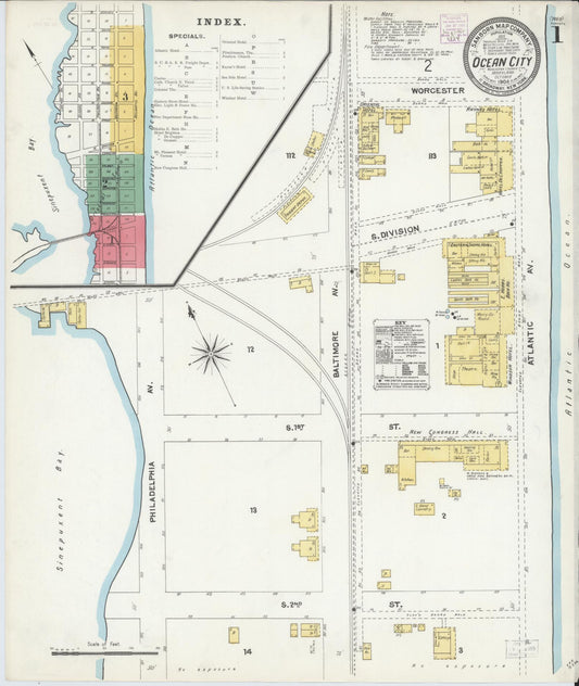 Sanborn Fire Insurance Map from Ocean City, Worcester County, Maryland (1904), Sheet #0001 - Historic Sanborn Fire Insurance Map Print, vintage old map wall art, antique decor, genealogy gift, Maryland Maryland map