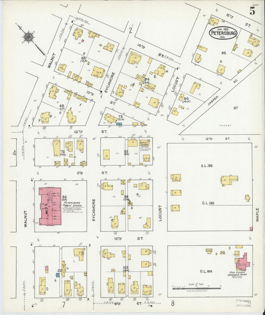 Sanborn Fire Insurance Map from Petersburg, Pike County, Indiana (1921), Sheet #0005 - Historic Sanborn Fire Insurance Map Print, vintage old map wall art, antique decor, genealogy gift, Indiana Indiana map