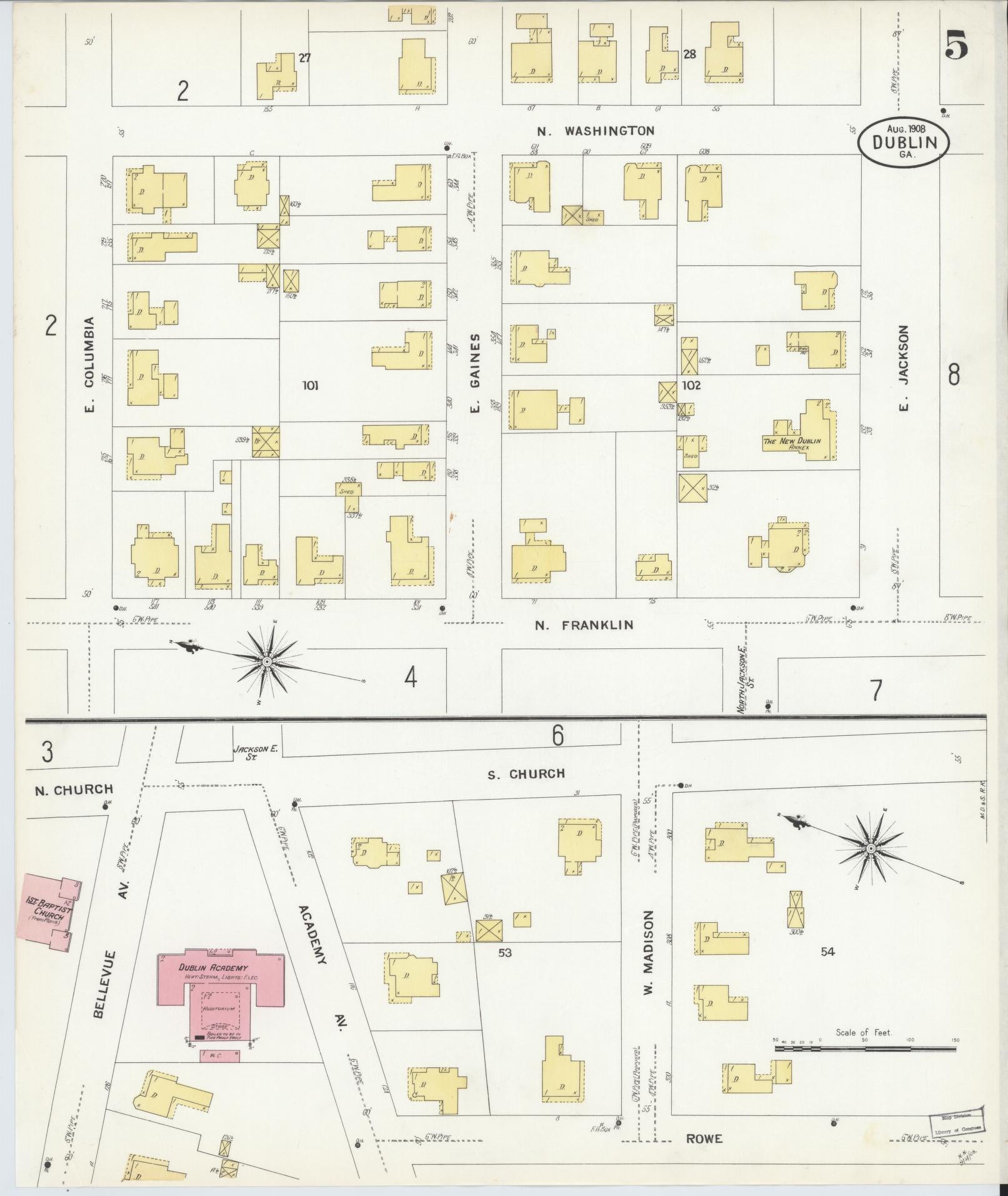 Sanborn Fire Insurance Map from Dublin, Laurens County, Georgia (1908), Sheet #0005 - Historic Sanborn Fire Insurance Map Print, vintage old map wall art, antique decor, genealogy gift, Georgia Georgia map