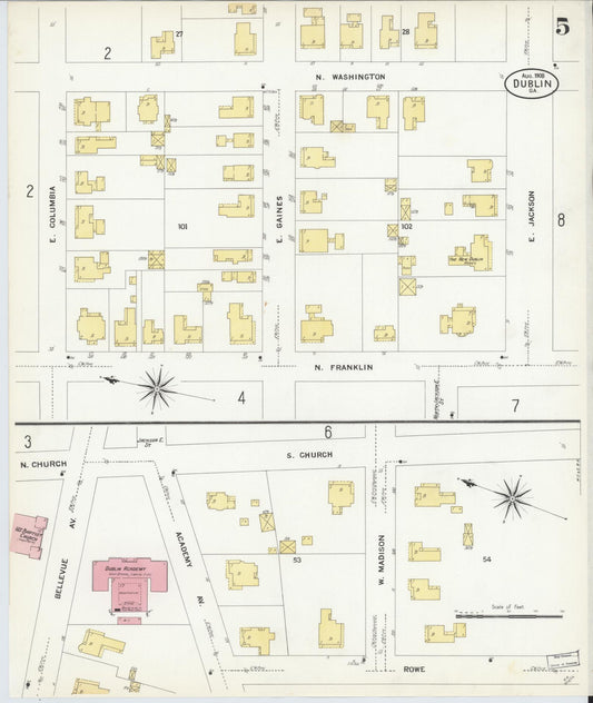 Sanborn Fire Insurance Map from Dublin, Laurens County, Georgia (1908), Sheet #0005 - Historic Sanborn Fire Insurance Map Print, vintage old map wall art, antique decor, genealogy gift, Georgia Georgia map