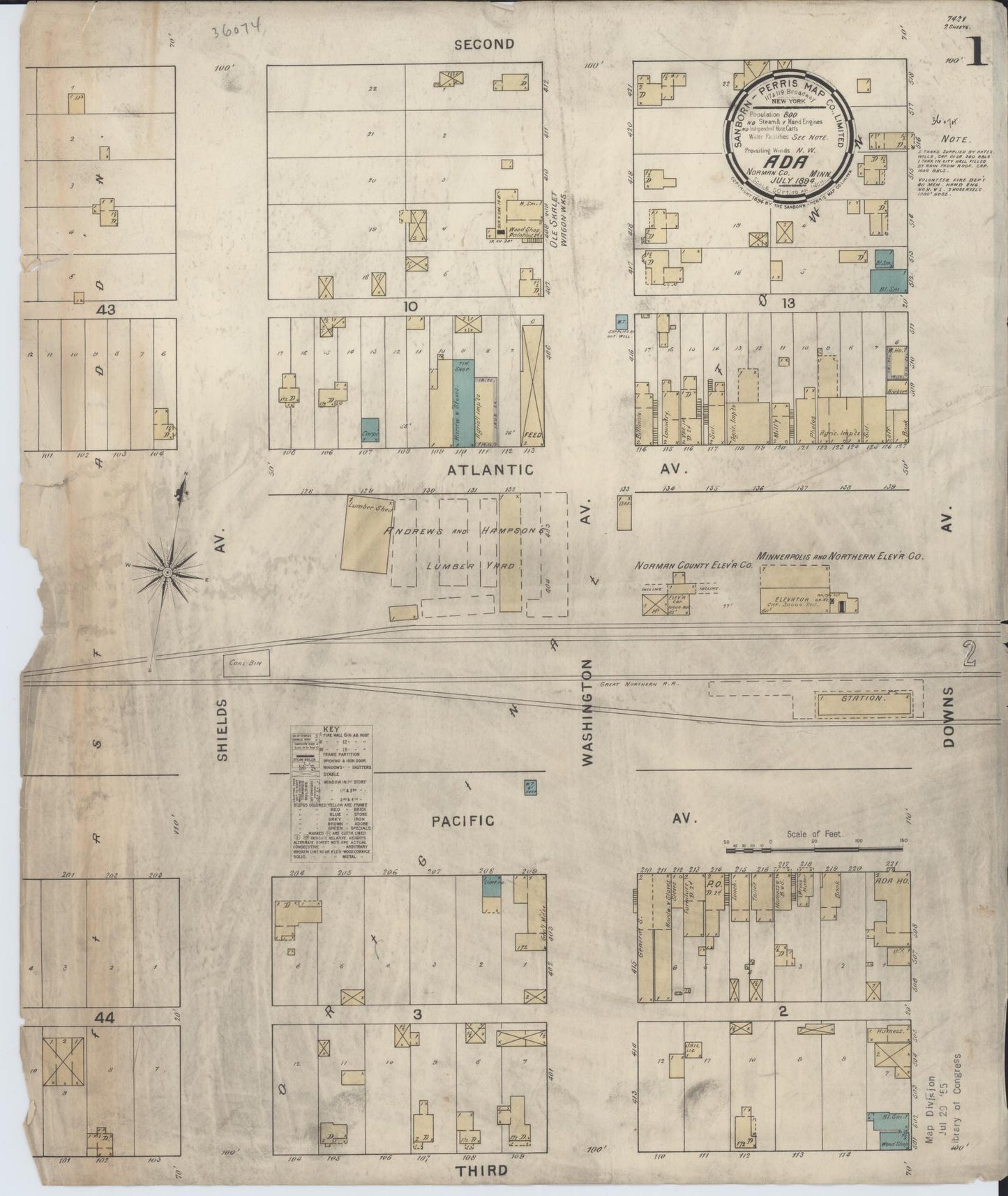 Sanborn Fire Insurance Map from Ada, Norman County, Minnesota (1894), Sheet #0001 - Historic Sanborn Fire Insurance Map Print, vintage old map wall art, antique decor, genealogy gift, Minnesota Minnesota map