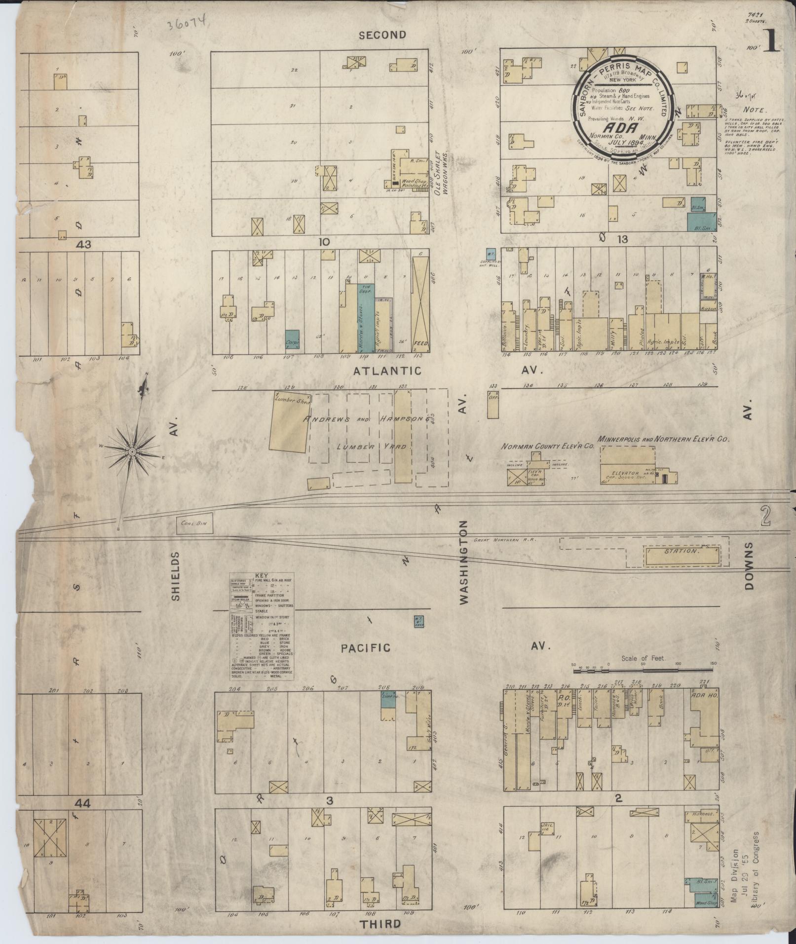 Sanborn Fire Insurance Map from Ada, Norman County, Minnesota (1894), Sheet #0001 - Historic Sanborn Fire Insurance Map Print, vintage old map wall art, antique decor, genealogy gift, Minnesota Minnesota map