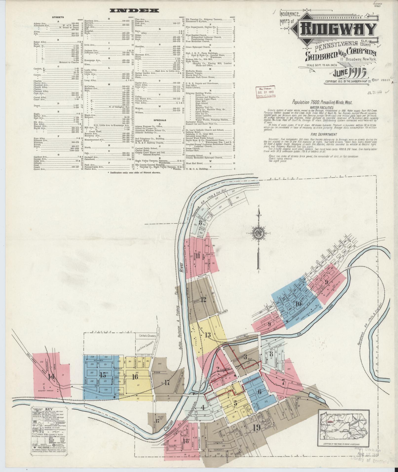 Sanborn Fire Insurance Map from Ridgway, Elk County, Pennsylvania (1915), Sheet #0001 - Complete Map Set gallery image, historic Sanborn map, vintage wall art, Pennsylvania Pennsylvania