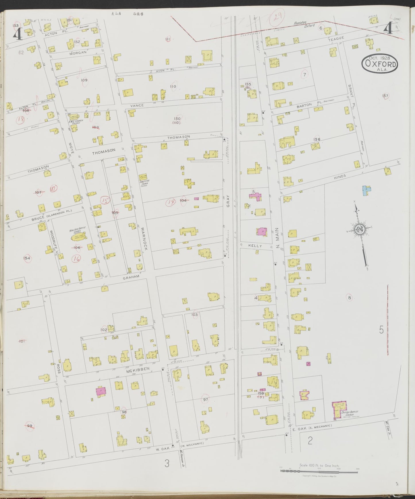 Sanborn Fire Insurance Map from Oxford, Calhoun County, Alabama (1928), Sheet #0004 - Complete Map Set gallery image, historic Sanborn map, vintage wall art, Alabama Alabama