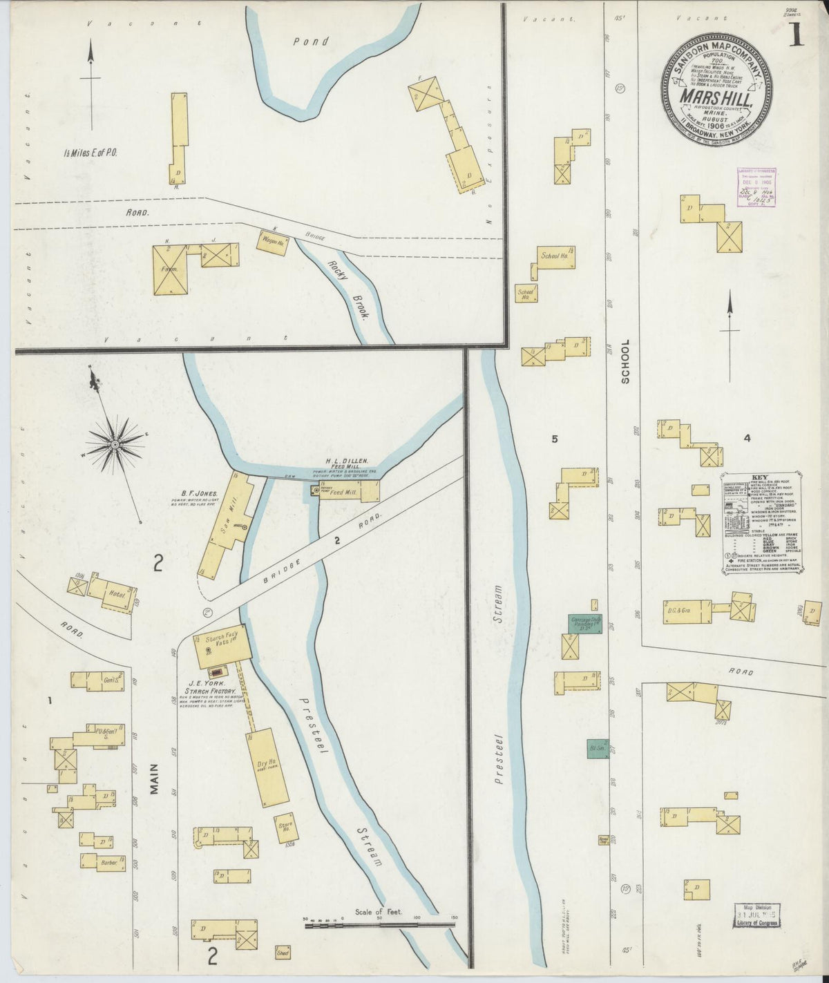Sanborn Fire Insurance Map from Mars Hill, Aroostook County, Maine (1906), Sheet #0001 - Historic Sanborn Fire Insurance Map Print, vintage old map wall art, antique decor, genealogy gift, Maine Maine map