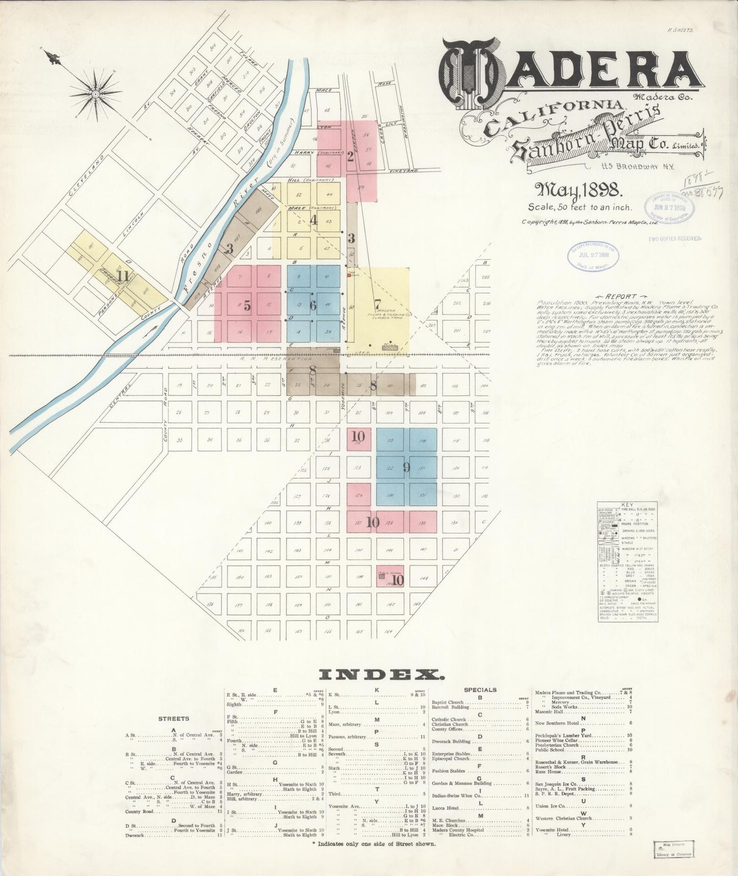 Sanborn Fire Insurance Map from Madera, Madera County, California (1898), Sheet #0001 - Historic Sanborn Fire Insurance Map Print, vintage old map wall art, antique decor, genealogy gift, California California map