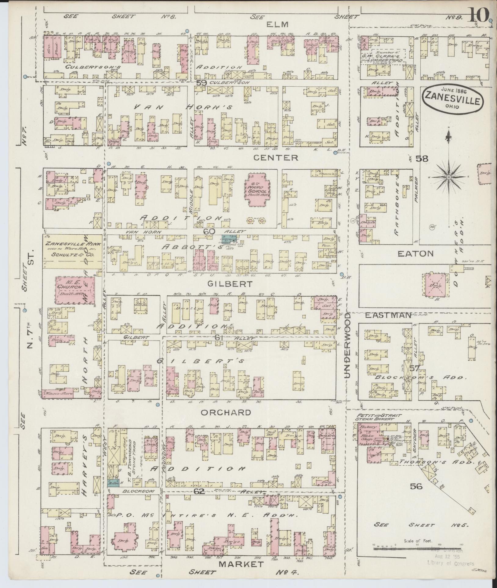 Sanborn Fire Insurance Map from Zanesville, Muskingum County, Ohio (1886), Sheet #0010 - Historic Sanborn Fire Insurance Map Print, vintage old map wall art, antique decor, genealogy gift, Ohio Ohio map