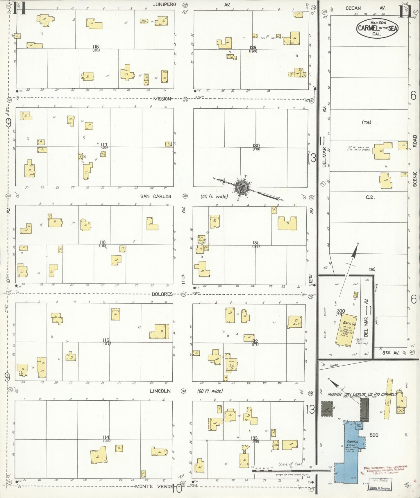 Sanborn Fire Insurance Map from Carmel By The Sea, Monterey County, California (1924), Sheet #0011 - Complete Map Set gallery image, historic Sanborn map, vintage wall art, California California