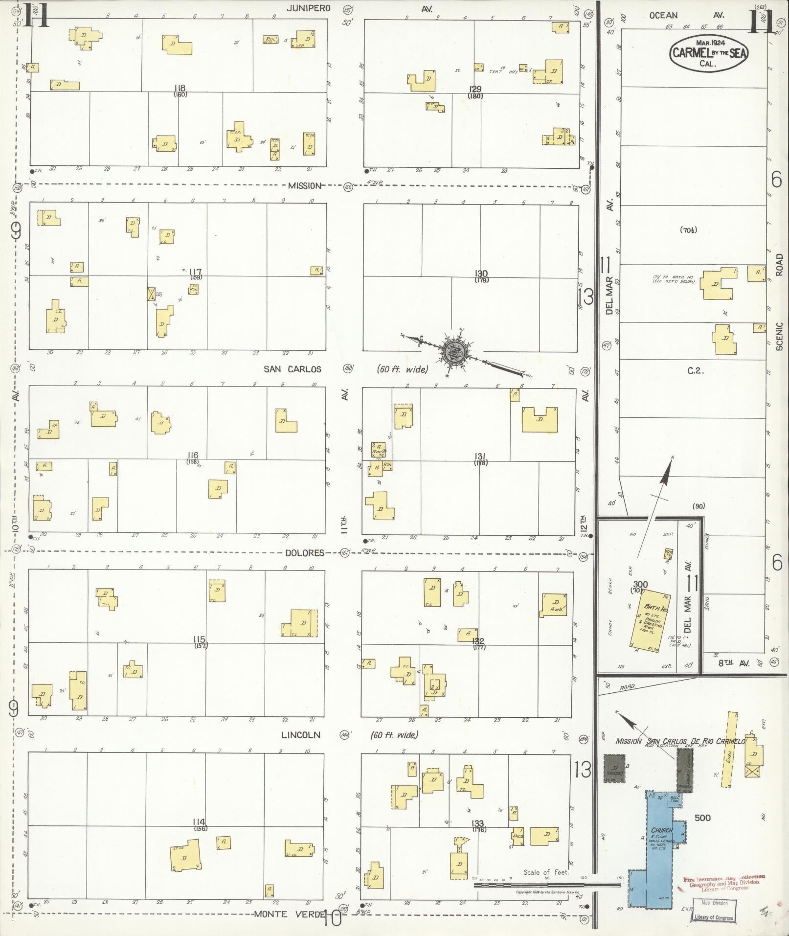 Sanborn Fire Insurance Map from Carmel By The Sea, Monterey County, California (1924), Sheet #0011 - Complete Map Set gallery image, historic Sanborn map, vintage wall art, California California