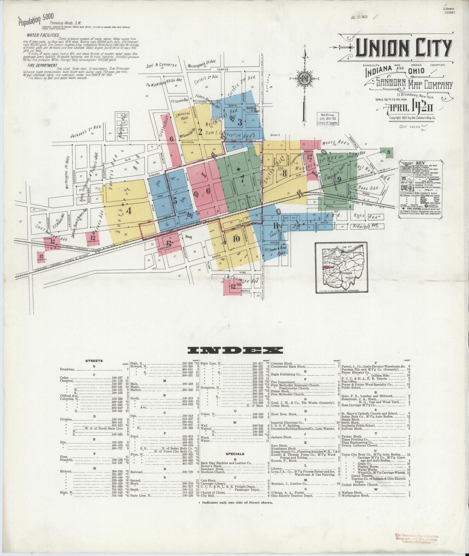 Sanborn Fire Insurance Map from Union City, Randolph County, Indiana (1920), Sheet #0001 - Complete Map Set gallery image, historic Sanborn map, vintage wall art, Indiana Indiana
