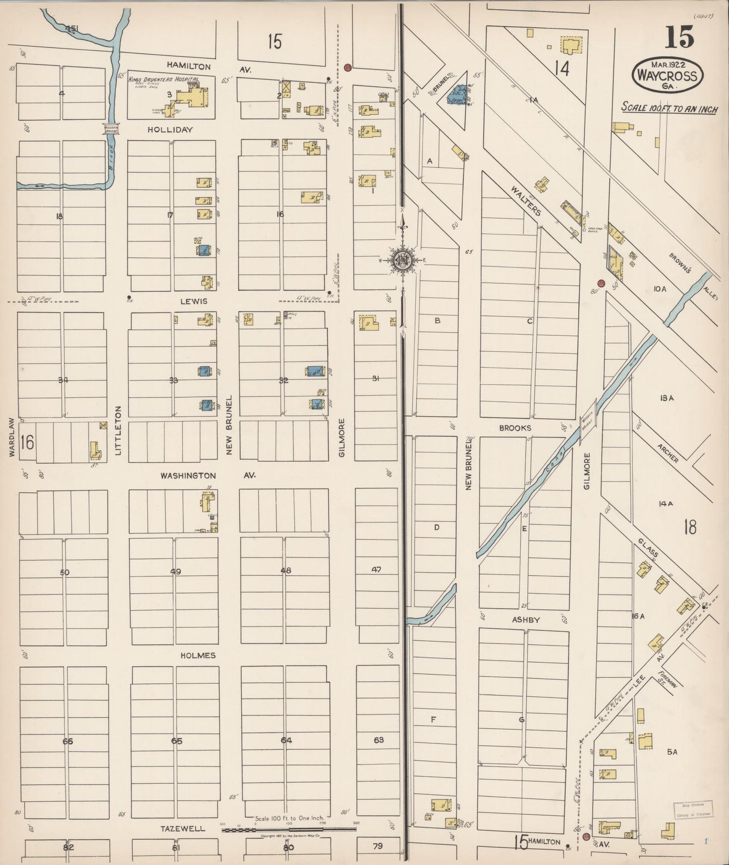 Sanborn Fire Insurance Map from Waycross, Ware County, Georgia (1922), Sheet #0015 - Historic Sanborn Fire Insurance Map Print, vintage old map wall art, antique decor, genealogy gift, Georgia Georgia map