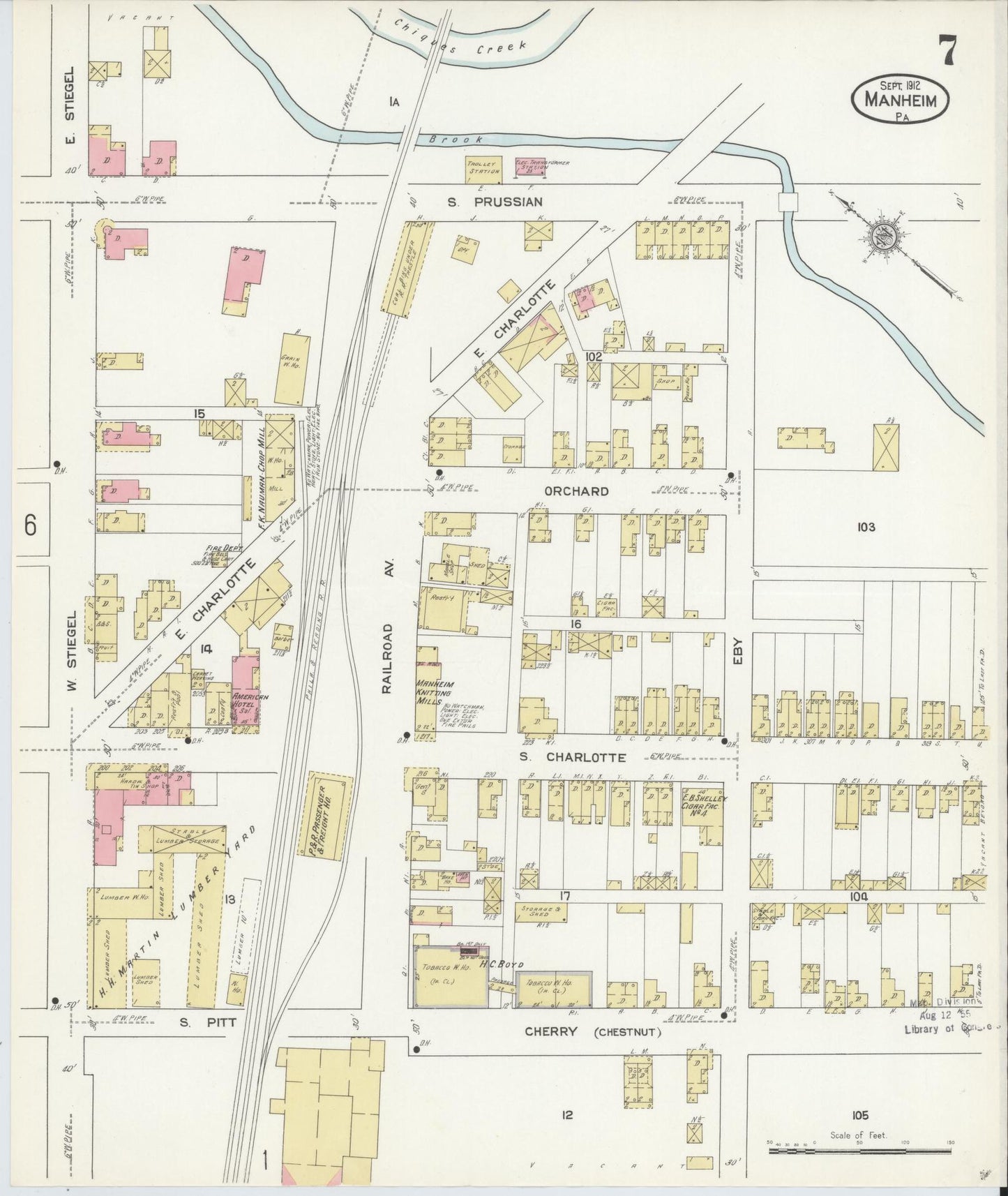 Sanborn Fire Insurance Map from Manheim, Lancaster County, Pennsylvania (1912), Sheet #0007 - Historic Sanborn Fire Insurance Map Print, vintage old map wall art, antique decor, genealogy gift, Pennsylvania Pennsylvania map
