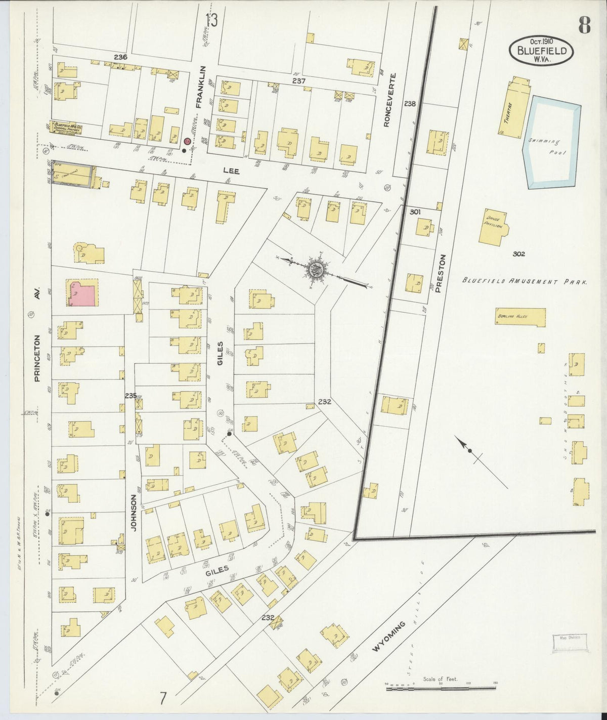 Sanborn Fire Insurance Map from Bluefield, Mercer County, West Virginia (1910), Sheet #0008 - Historic Sanborn Fire Insurance Map Print, vintage old map wall art, antique decor, genealogy gift, West Virginia West Virginia map