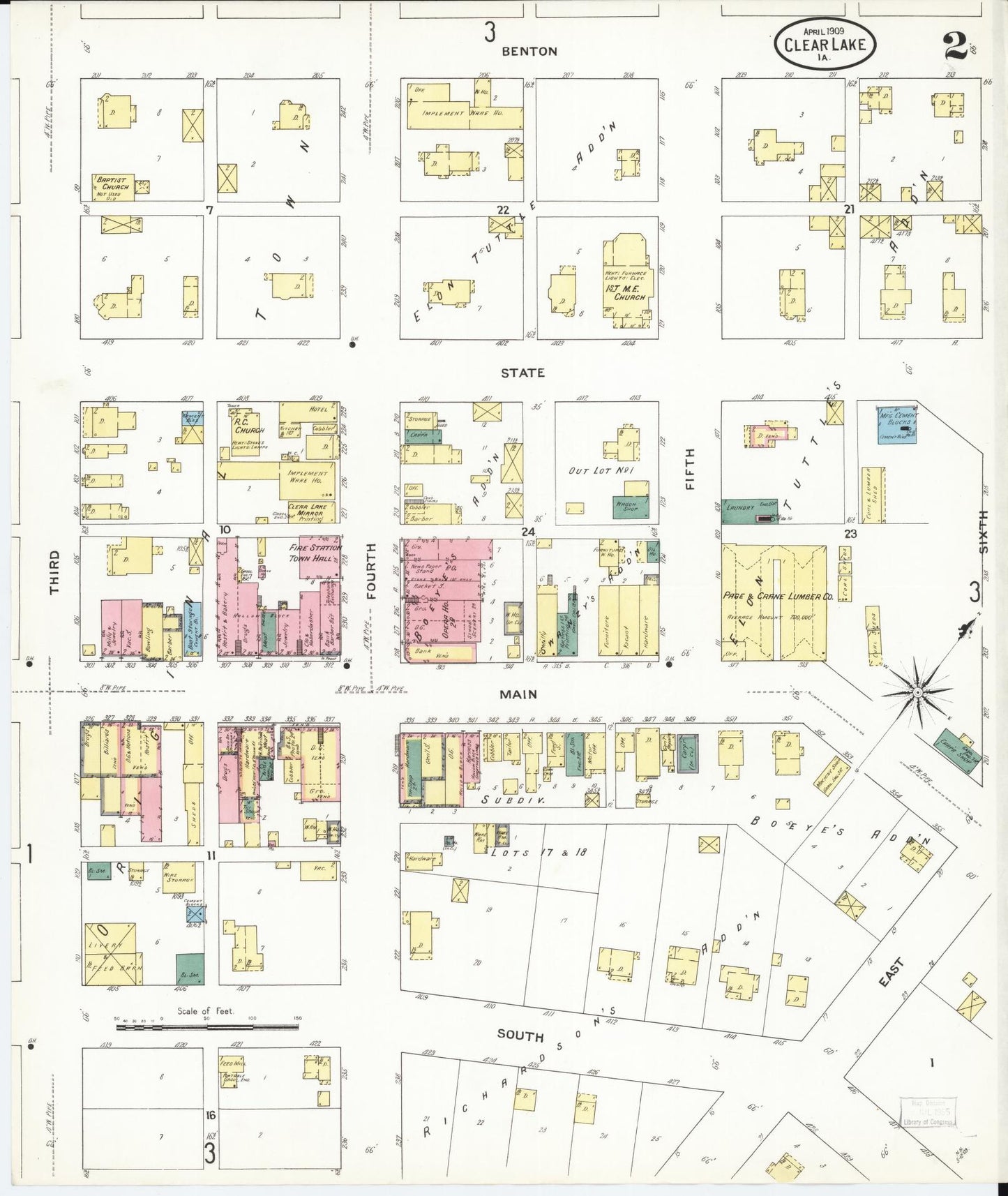 Sanborn Fire Insurance Map from Clear Lake, Cerro Gordo County, Iowa (1909), Sheet #0002 - Historic Sanborn Fire Insurance Map Print, vintage old map wall art