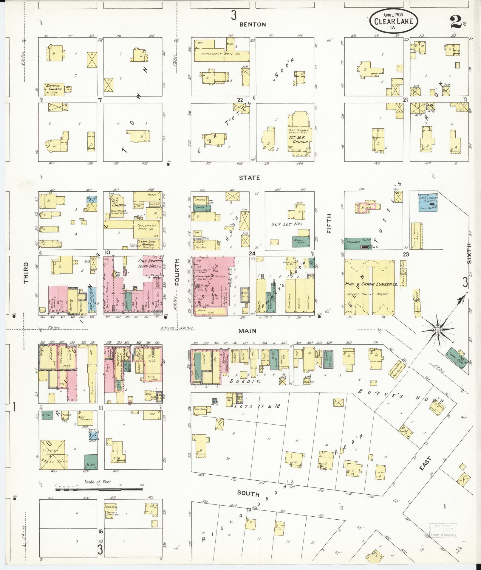 Sanborn Fire Insurance Map from Clear Lake, Cerro Gordo County, Iowa (1909), Sheet #0002 - Historic Sanborn Fire Insurance Map Print, vintage old map wall art