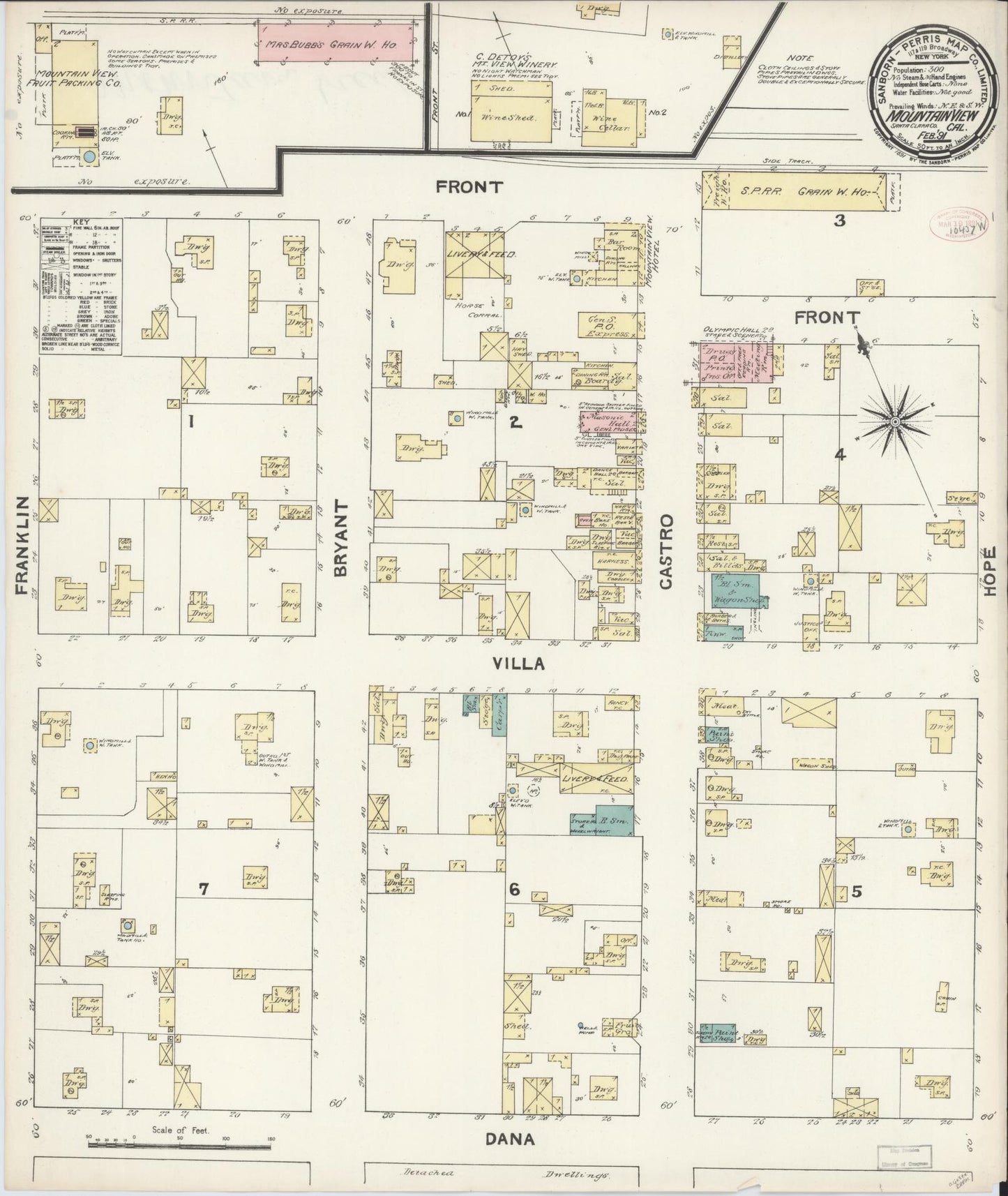 Sanborn Fire Insurance Map from Mountain View, Santa Clara County, California (1891), Sheet #0001 - Historic Sanborn Fire Insurance Map Print, vintage old map wall art, antique decor, genealogy gift, California California map