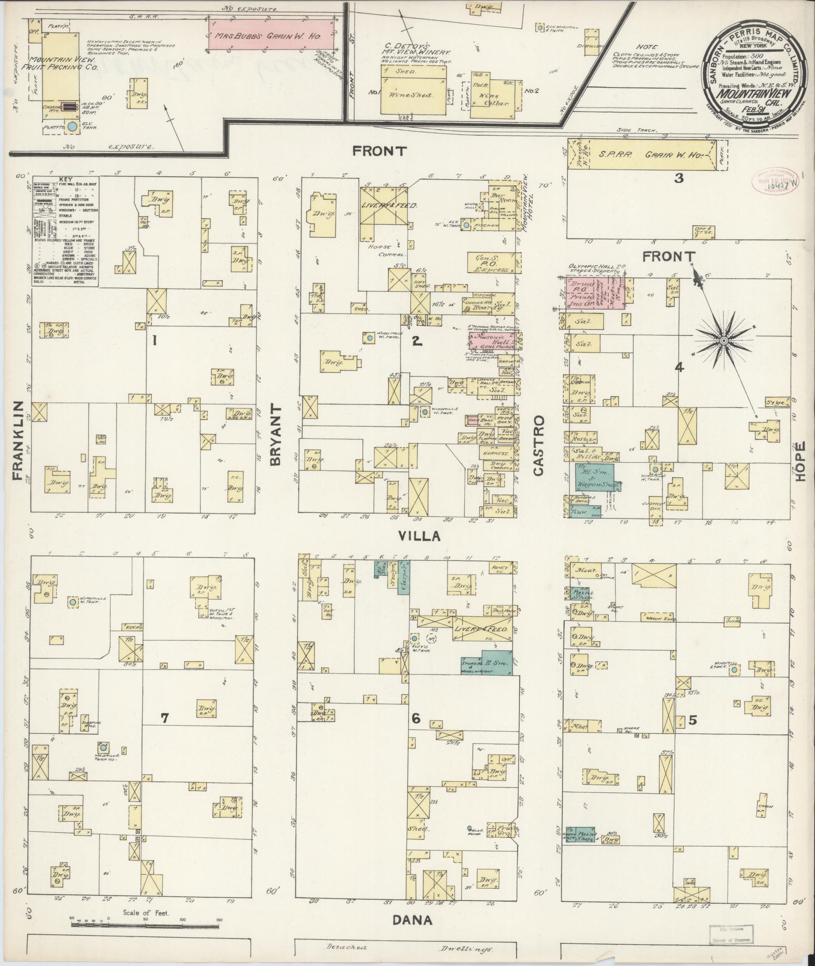 Sanborn Fire Insurance Map from Mountain View, Santa Clara County, California (1891), Sheet #0001 - Historic Sanborn Fire Insurance Map Print, vintage old map wall art, antique decor, genealogy gift, California California map