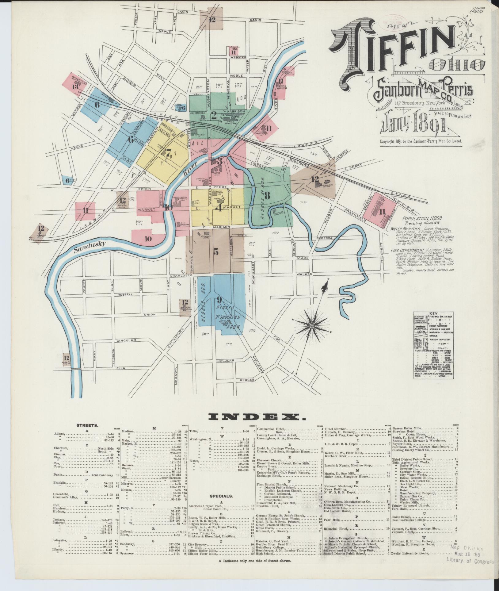 Sanborn Fire Insurance Map from Tiffin, Seneca County, Ohio (1891), Sheet #0001 - Historic Sanborn Fire Insurance Map Print, vintage old map wall art, antique decor, genealogy gift, Ohio Ohio map