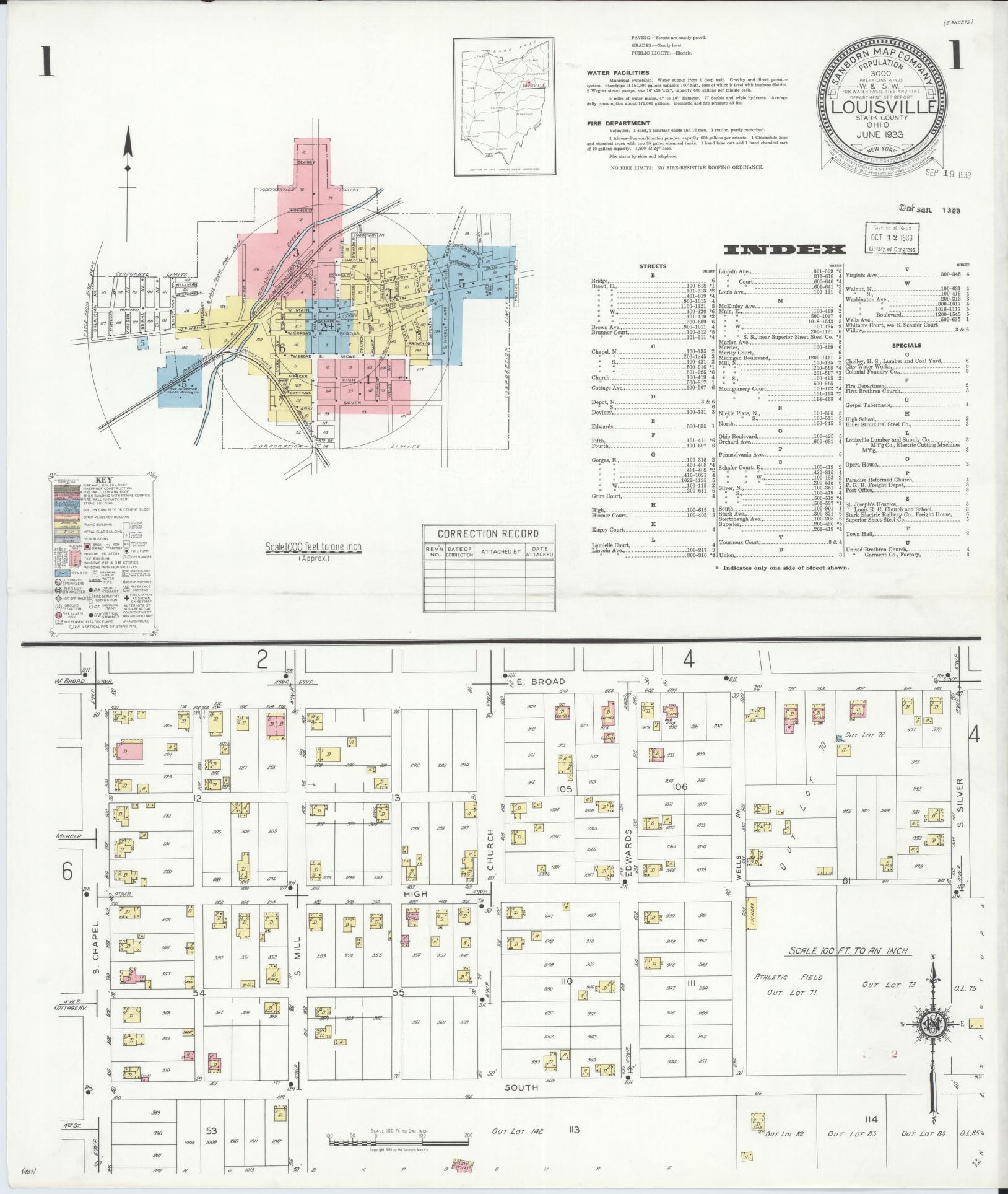 Sanborn Fire Insurance Map from Louisville, Stark County, Ohio (1933), Sheet #0001 - Historic Sanborn Fire Insurance Map Print, vintage old map wall art, antique decor, genealogy gift, Ohio Ohio map