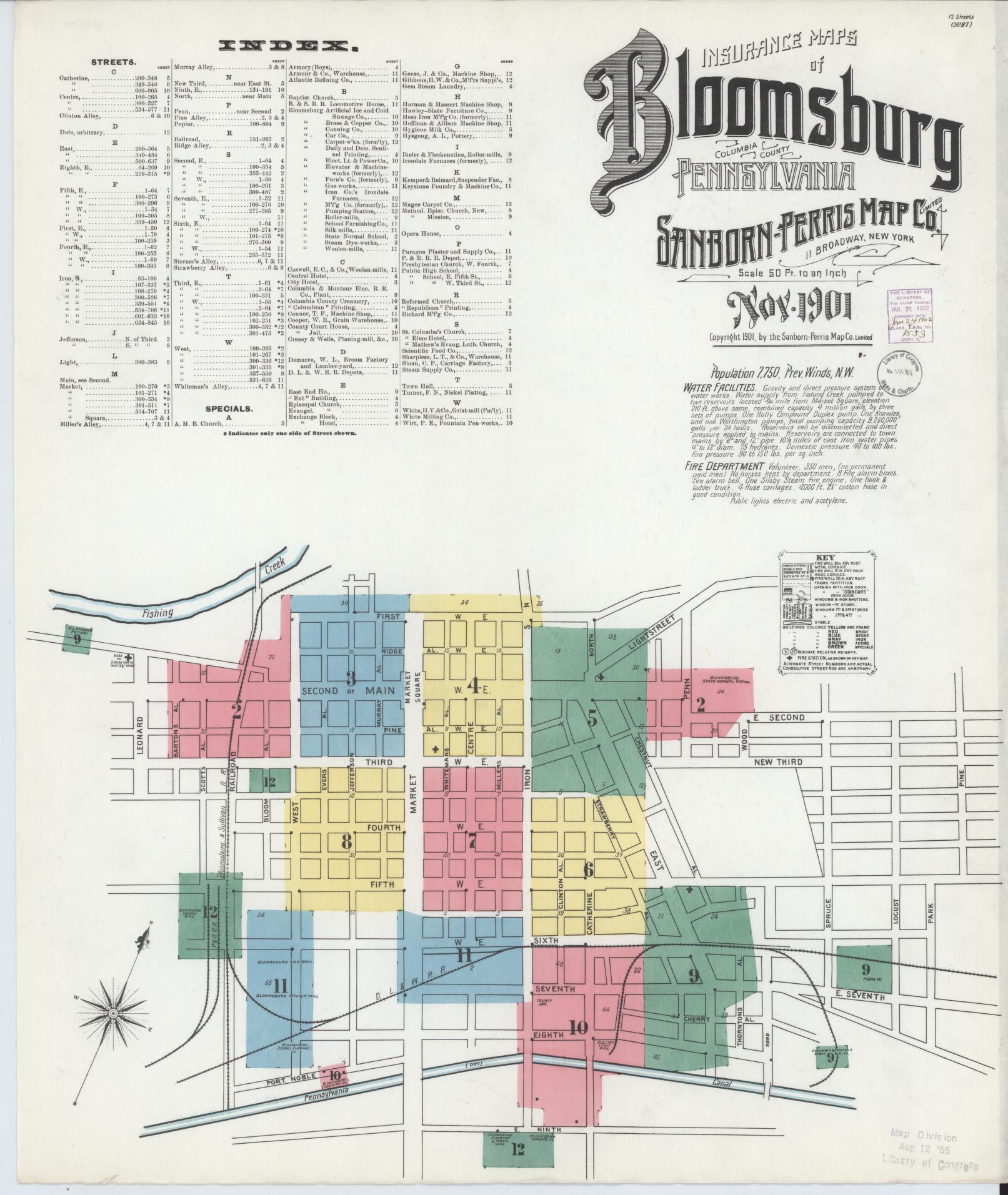 Sanborn Fire Insurance Map from Bloomsburg, Columbia County, Pennsylvania (1901), Sheet #0001 - Historic Sanborn Fire Insurance Map Print, vintage old map wall art, antique decor, genealogy gift, Pennsylvania Pennsylvania map