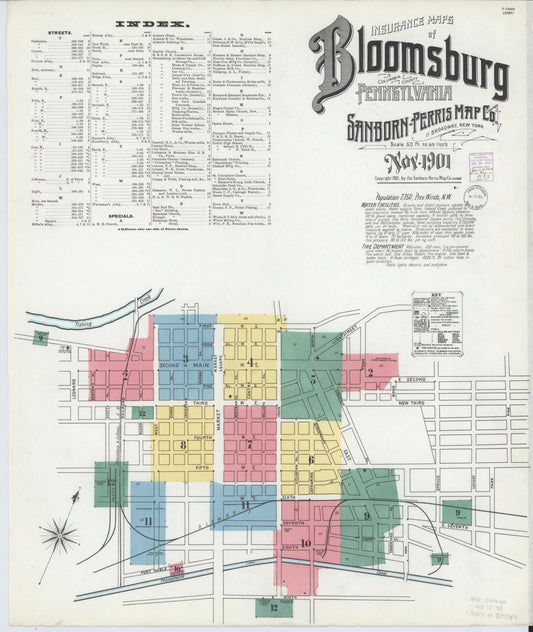 Sanborn Fire Insurance Map from Bloomsburg, Columbia County, Pennsylvania (1901), Sheet #0001 - Historic Sanborn Fire Insurance Map Print, vintage old map wall art, antique decor, genealogy gift, Pennsylvania Pennsylvania map