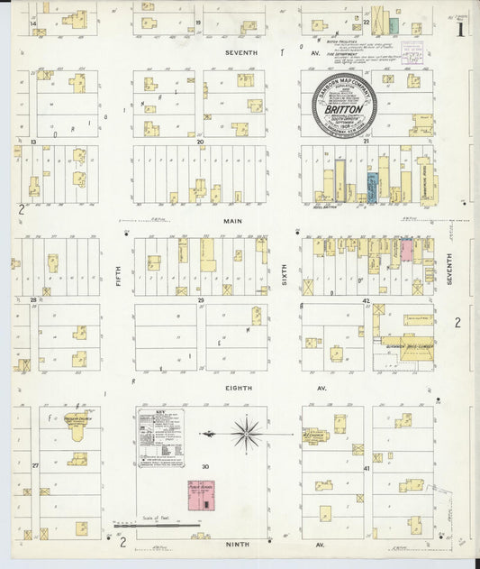 Sanborn Fire Insurance Map from Britton, Marshall County, South Dakota (1908), Sheet #0001 - Historic Sanborn Fire Insurance Map Print, vintage old map wall art, antique decor, genealogy gift, South Dakota South Dakota map