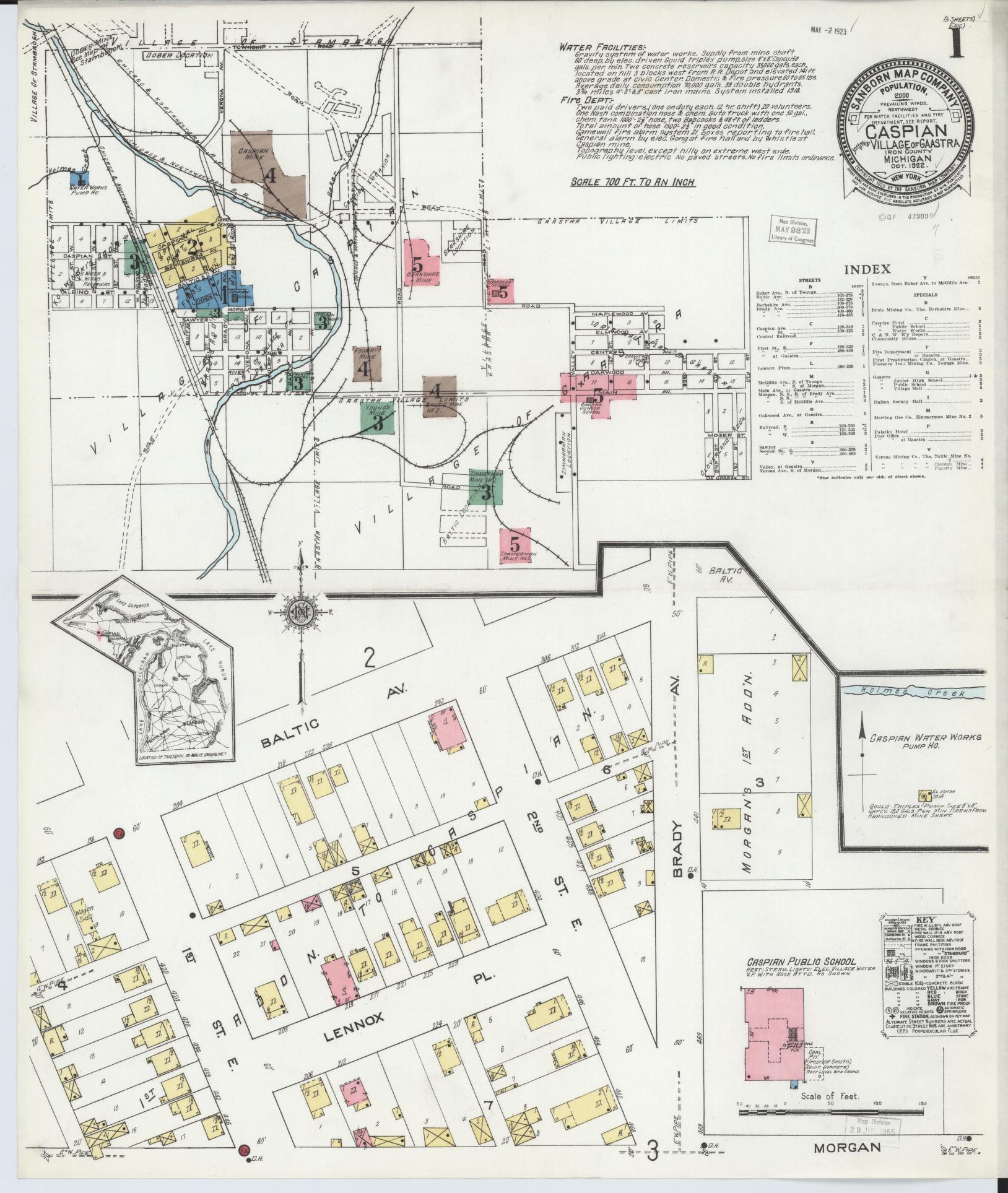 Sanborn Fire Insurance Map from Caspian, Iron County, Michigan (1922), Sheet #0001 - Complete Map Set gallery image, historic Sanborn map, vintage wall art, Michigan Michigan