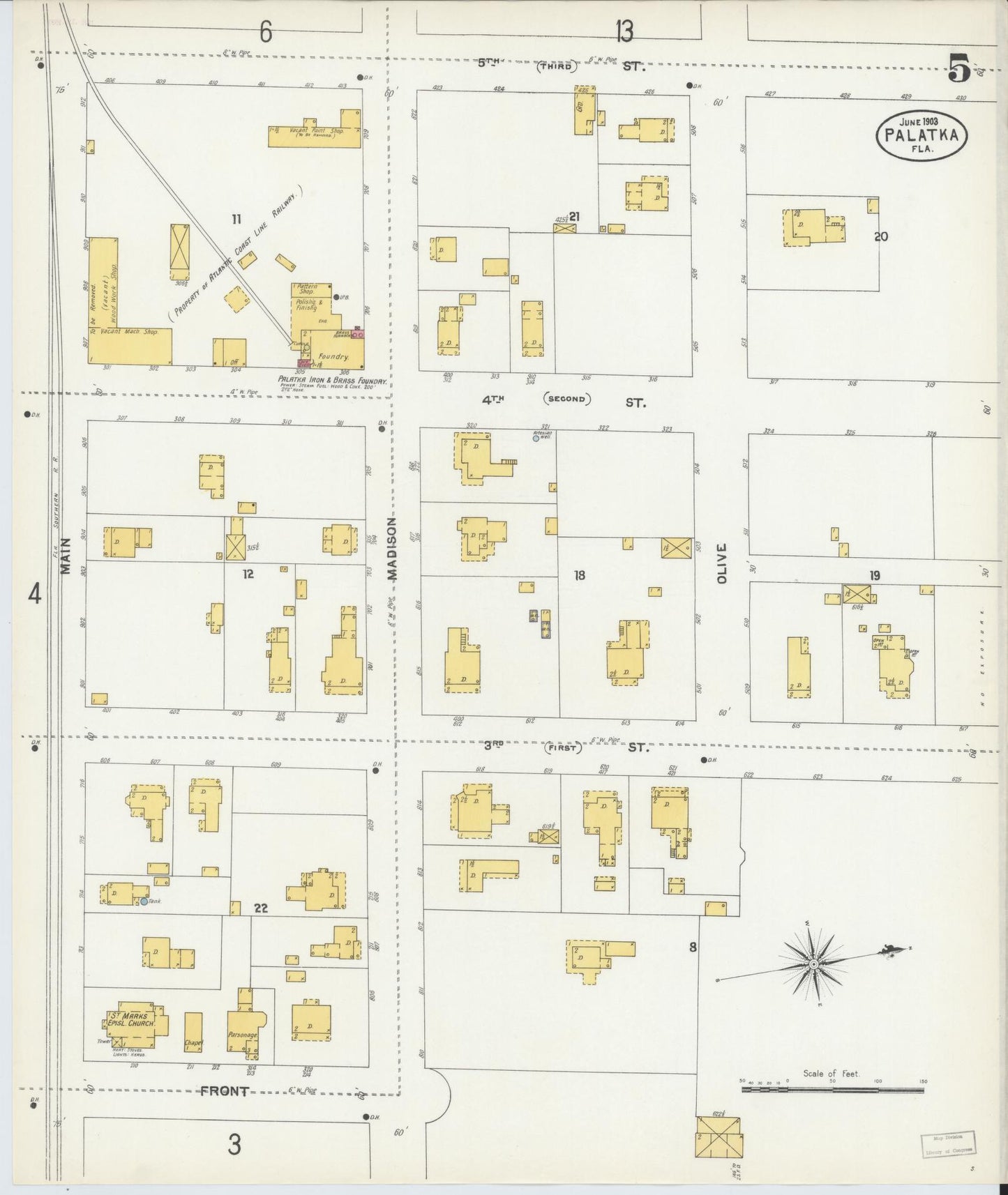 Sanborn Fire Insurance Map from Palatka, Putnam County, Florida (1903), Sheet #0005 - Complete Map Set gallery image, historic Sanborn map, vintage wall art, Florida Florida