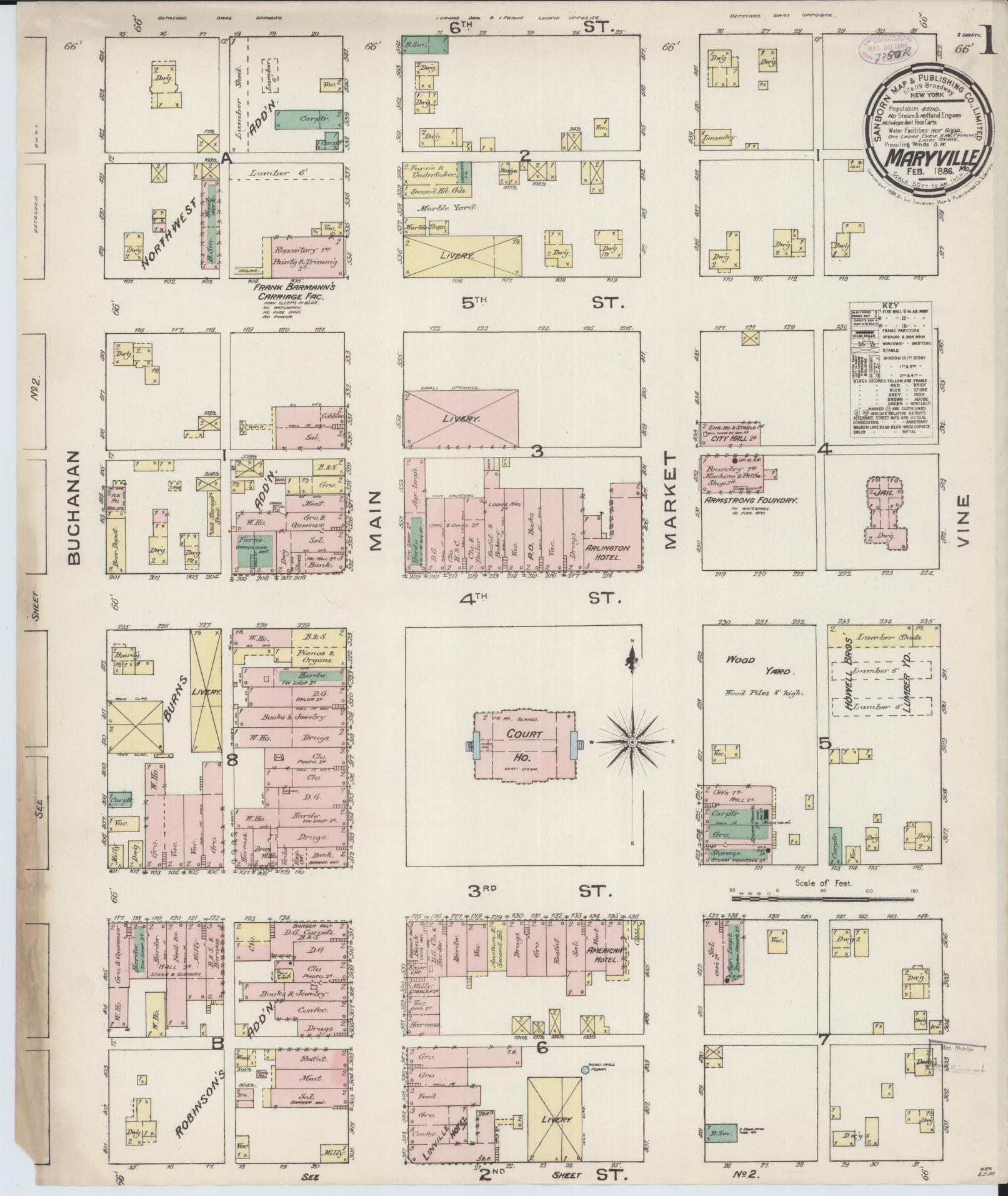 Sanborn Fire Insurance Map from Maryville, Nodaway County, Missouri (1886), Sheet #0001 - Historic Sanborn Fire Insurance Map Print, vintage old map wall art, antique decor, genealogy gift, Missouri Missouri map