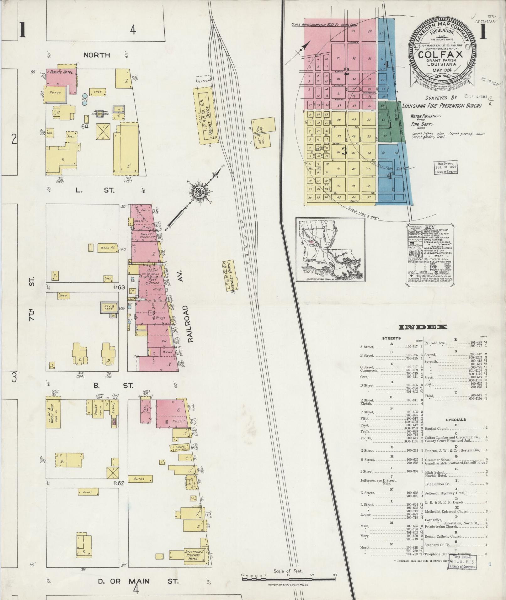 Sanborn Fire Insurance Map from Colfax, Grant Parish, Louisiana (1924), Sheet #0001 - Historic Sanborn Fire Insurance Map Print, vintage old map wall art, antique decor, genealogy gift, Louisiana Louisiana map