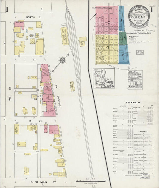Sanborn Fire Insurance Map from Colfax, Grant Parish, Louisiana (1924), Sheet #0001 - Historic Sanborn Fire Insurance Map Print, vintage old map wall art, antique decor, genealogy gift, Louisiana Louisiana map