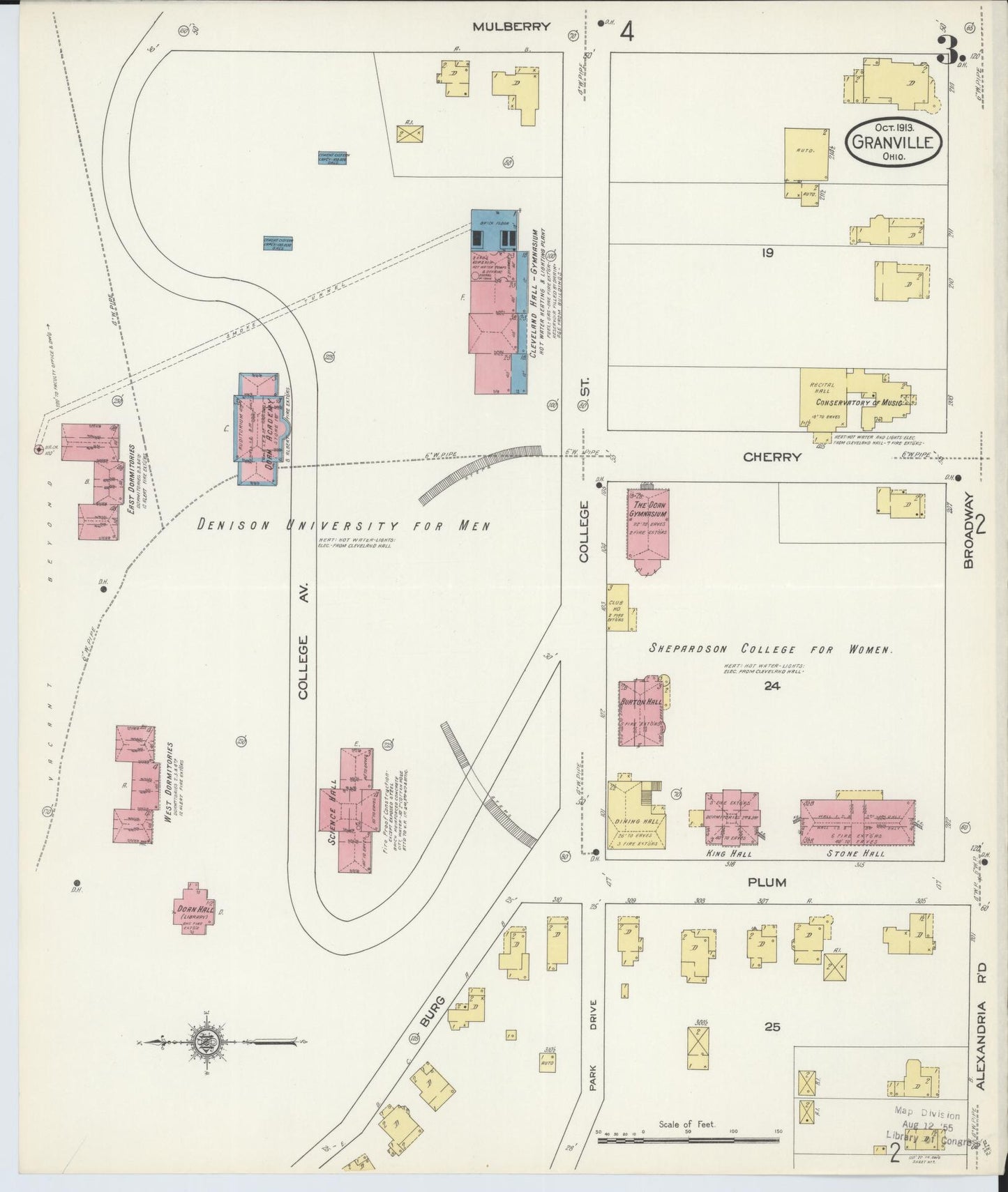 Sanborn Fire Insurance Map from Granville, Licking County, Ohio (1913), Sheet #0003 - Historic Sanborn Fire Insurance Map Print, vintage old map wall art, antique decor, genealogy gift, Ohio Ohio map