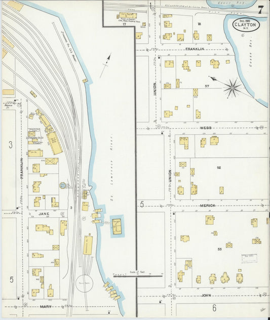 Sanborn Fire Insurance Map from Clayton, Jefferson County, New York (1905), Sheet #0007 - Historic Sanborn Fire Insurance Map Print, vintage old map wall art, antique decor, genealogy gift, New York New York map