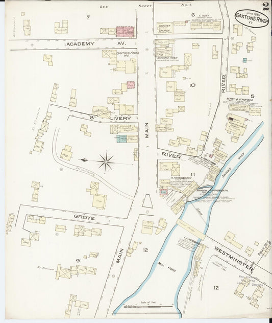 Sanborn Fire Insurance Map from Saxton's River, Windham County, Vermont (1885), Sheet #0002 - Historic Sanborn Fire Insurance Map Print, vintage old map wall art, antique decor, genealogy gift, Vermont Vermont map