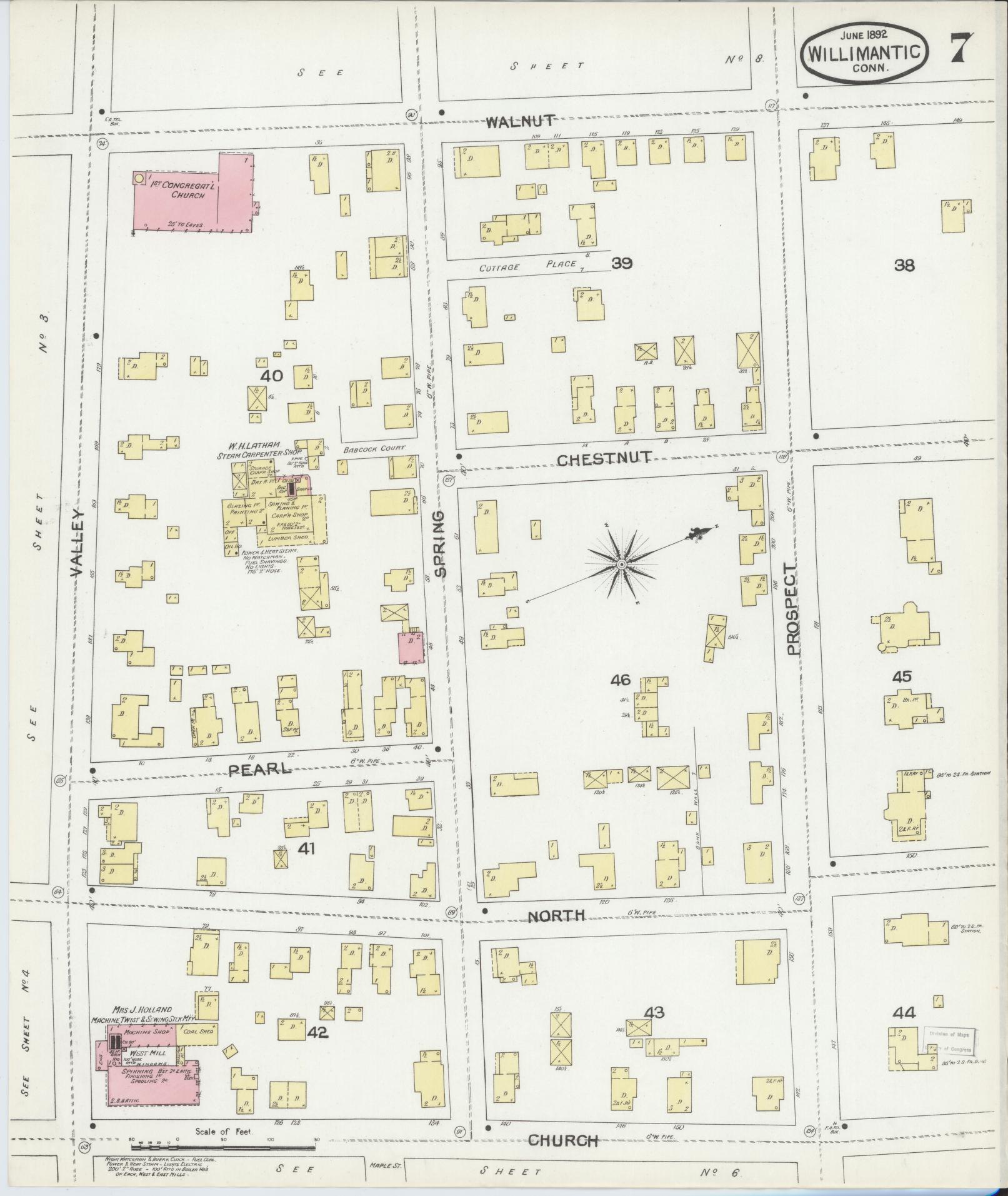 Sanborn Fire Insurance Map from Willimantic, Windham County, Connecticut (1892), Sheet #0007 - Historic Sanborn Fire Insurance Map Print, vintage old map wall art, antique decor, genealogy gift, Connecticut Connecticut map