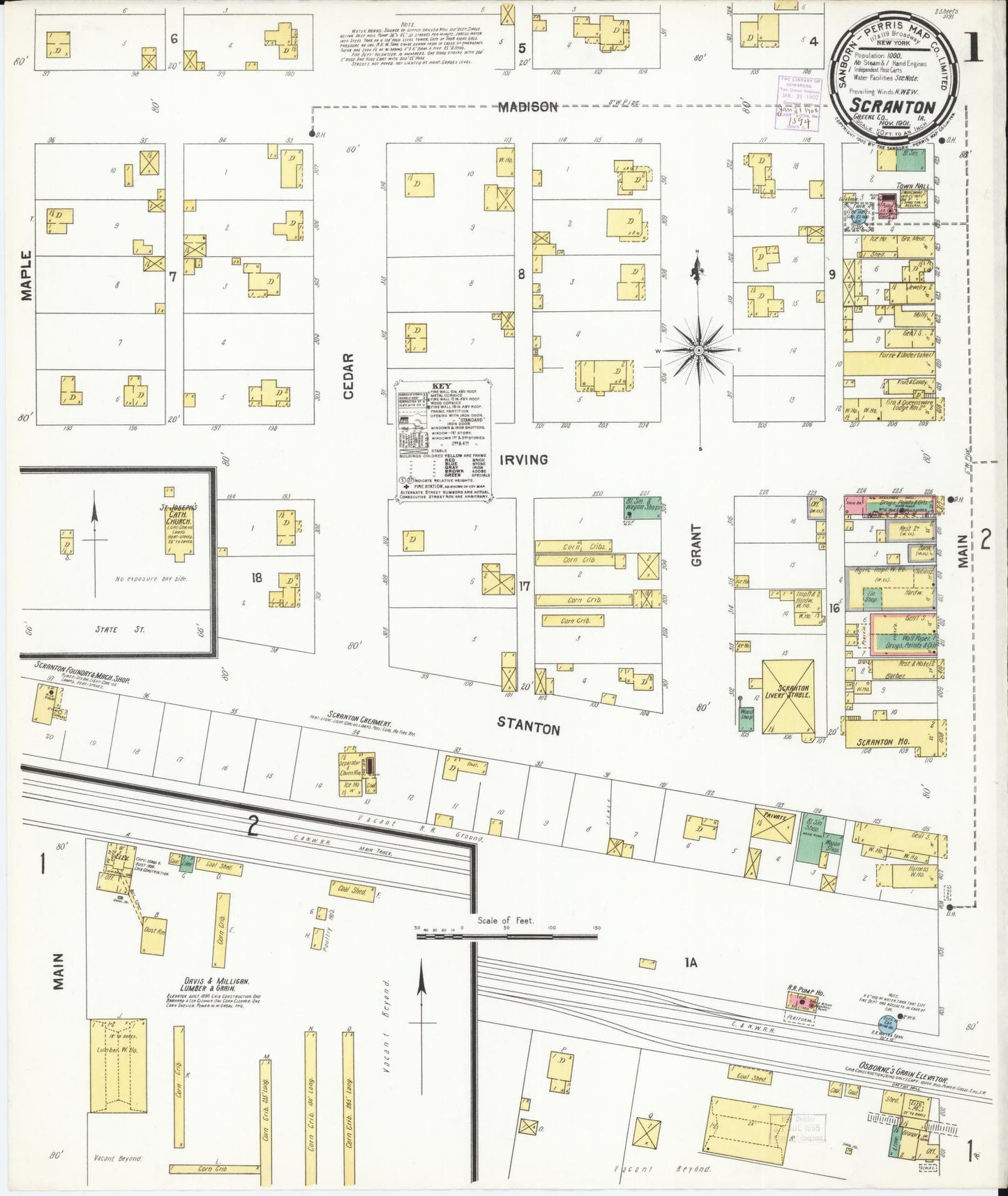 Sanborn Fire Insurance Map from Scranton, Greene County, Iowa (1901), Sheet #0001 - Historic Sanborn Fire Insurance Map Print, vintage old map wall art