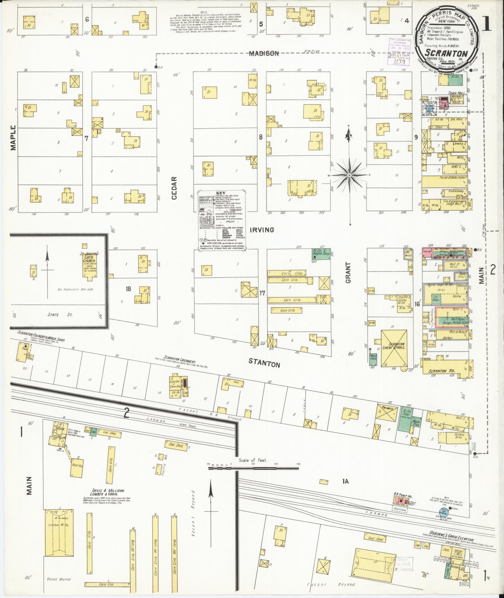 Sanborn Fire Insurance Map from Scranton, Greene County, Iowa (1901), Sheet #0001 - Historic Sanborn Fire Insurance Map Print, vintage old map wall art
