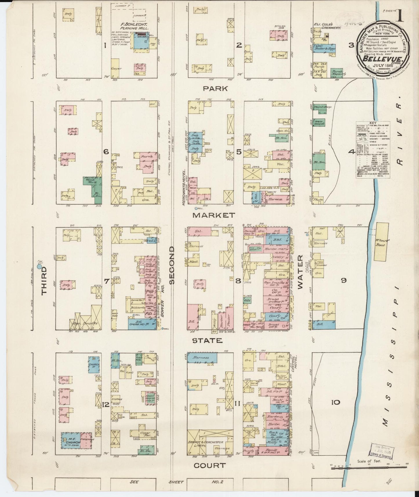 Sanborn Fire Insurance Map from Bellevue, Jackson County, Iowa (1885), Sheet #0001 - Historic Sanborn Fire Insurance Map Print, vintage old map wall art