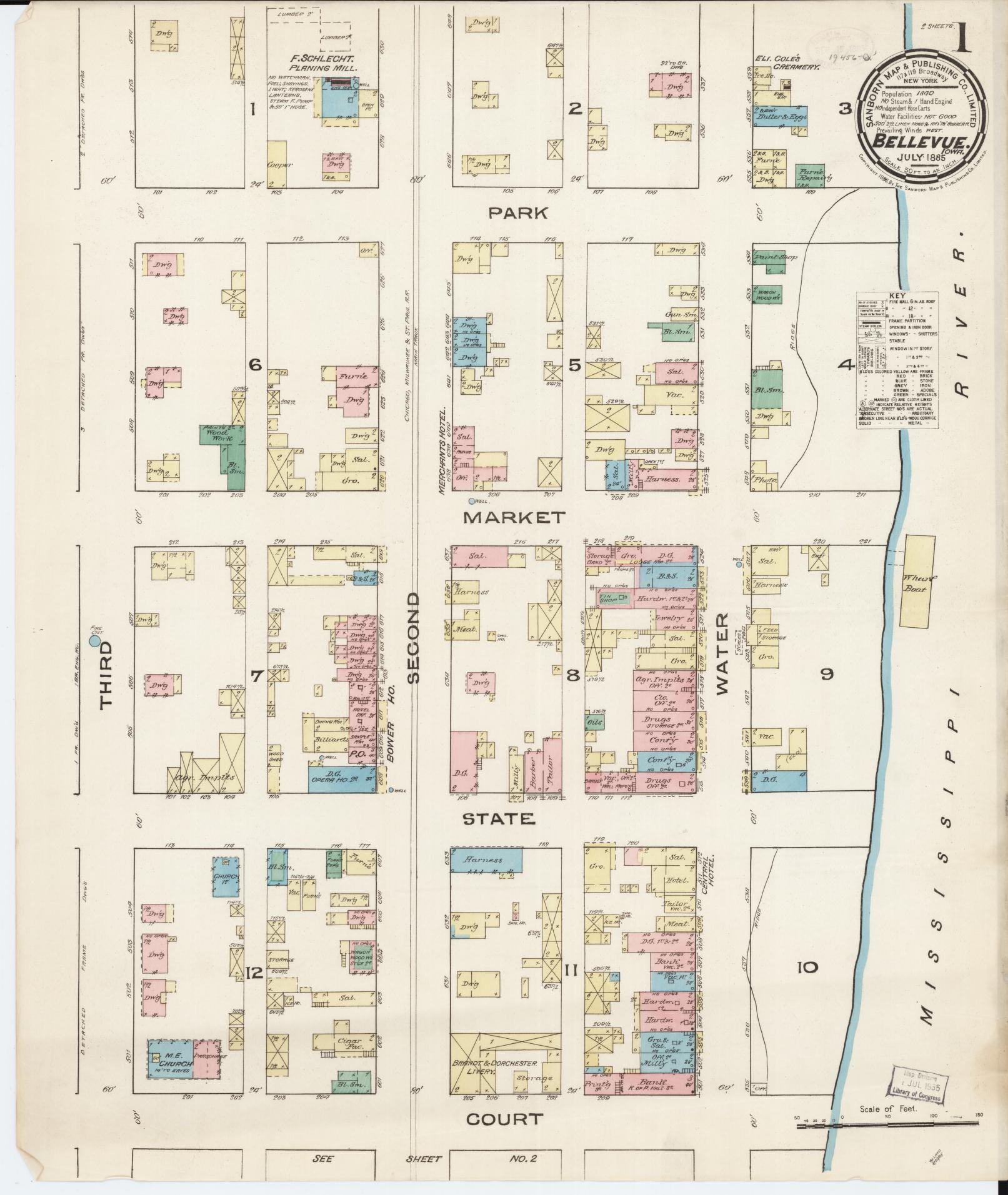 Sanborn Fire Insurance Map from Bellevue, Jackson County, Iowa (1885), Sheet #0001 - Historic Sanborn Fire Insurance Map Print, vintage old map wall art