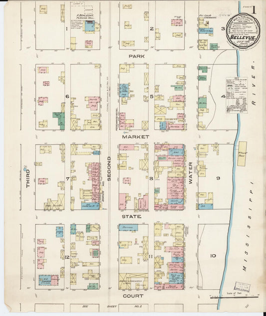 Sanborn Fire Insurance Map from Bellevue, Jackson County, Iowa (1885), Sheet #0001 - Historic Sanborn Fire Insurance Map Print, vintage old map wall art