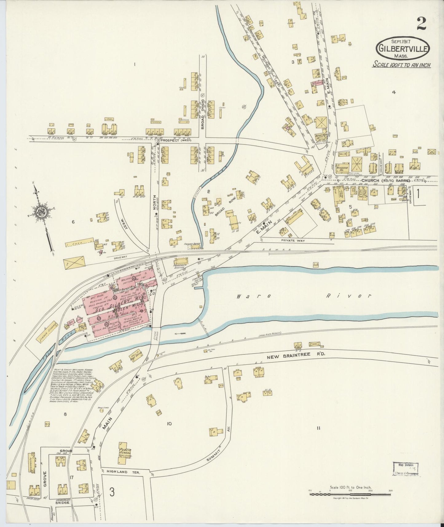 Sanborn Fire Insurance Map from Gilbertville, Worcester County, Massachusetts (1917), Sheet #0002 - Historic Sanborn Fire Insurance Map Print, vintage old map wall art, antique decor, genealogy gift, Massachusetts Massachusetts map