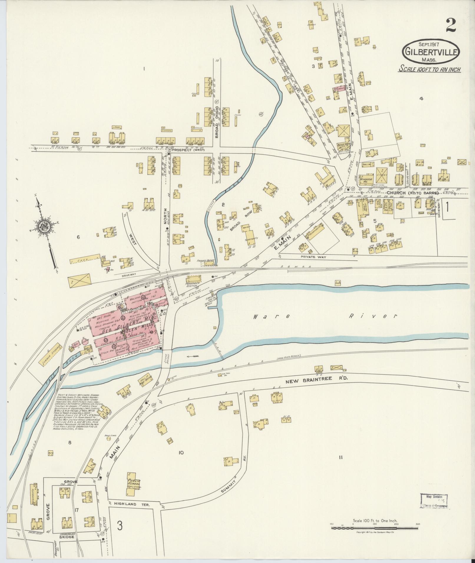 Sanborn Fire Insurance Map from Gilbertville, Worcester County, Massachusetts (1917), Sheet #0002 - Historic Sanborn Fire Insurance Map Print, vintage old map wall art, antique decor, genealogy gift, Massachusetts Massachusetts map