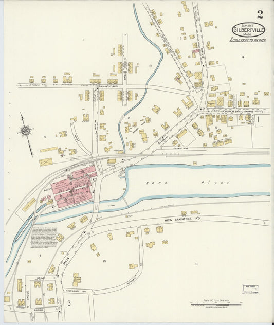 Sanborn Fire Insurance Map from Gilbertville, Worcester County, Massachusetts (1917), Sheet #0002 - Historic Sanborn Fire Insurance Map Print, vintage old map wall art, antique decor, genealogy gift, Massachusetts Massachusetts map