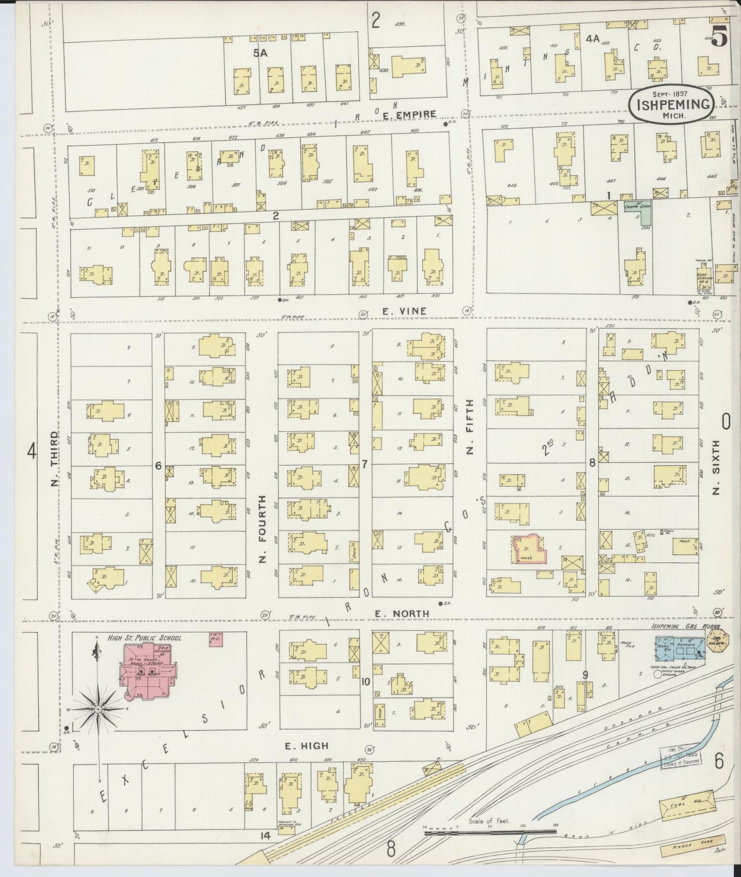 Sanborn Fire Insurance Map from Ishpeming, Marquette County, Michigan (1897), Sheet #0005 - Historic Sanborn Fire Insurance Map Print, vintage old map wall art, antique decor, genealogy gift, Michigan Michigan map