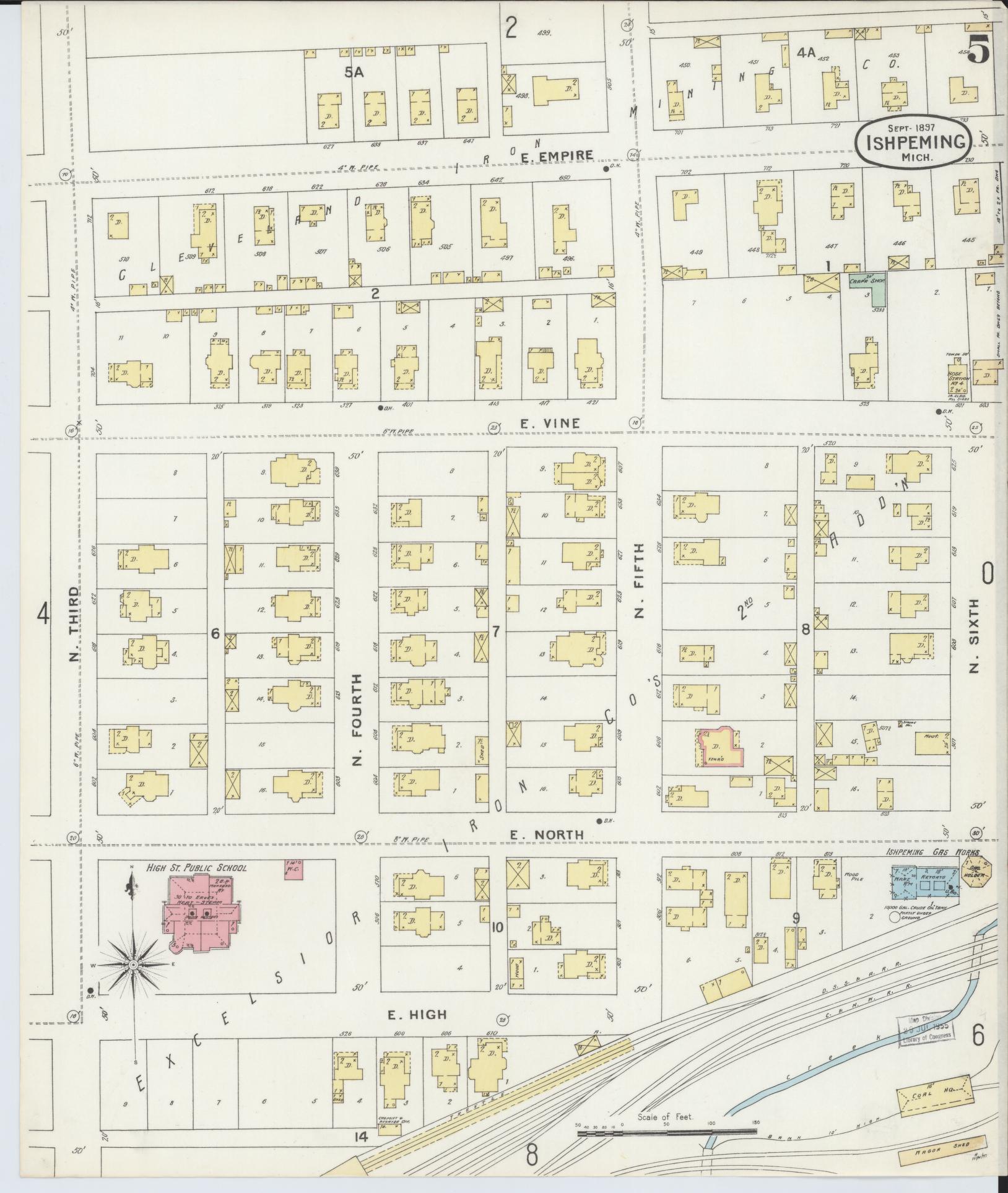 Sanborn Fire Insurance Map from Ishpeming, Marquette County, Michigan (1897), Sheet #0005 - Historic Sanborn Fire Insurance Map Print, vintage old map wall art, antique decor, genealogy gift, Michigan Michigan map