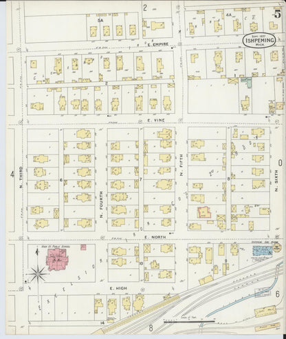 Sanborn Fire Insurance Map from Ishpeming, Marquette County, Michigan (1897), Sheet #0005 - Historic Sanborn Fire Insurance Map Print, vintage old map wall art, antique decor, genealogy gift, Michigan Michigan map