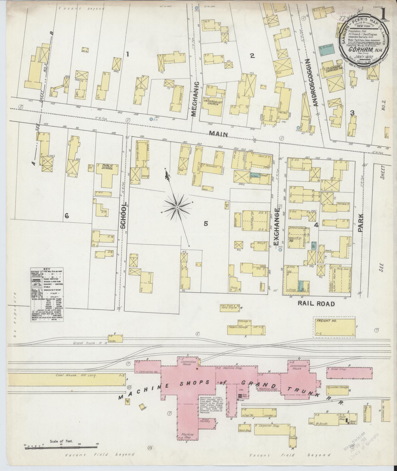 Sanborn Fire Insurance Map from Gorham, Coos County, New Hampshire (1892), Sheet #0001 - Complete Map Set gallery image, historic Sanborn map, vintage wall art, New Hampshire New Hampshire