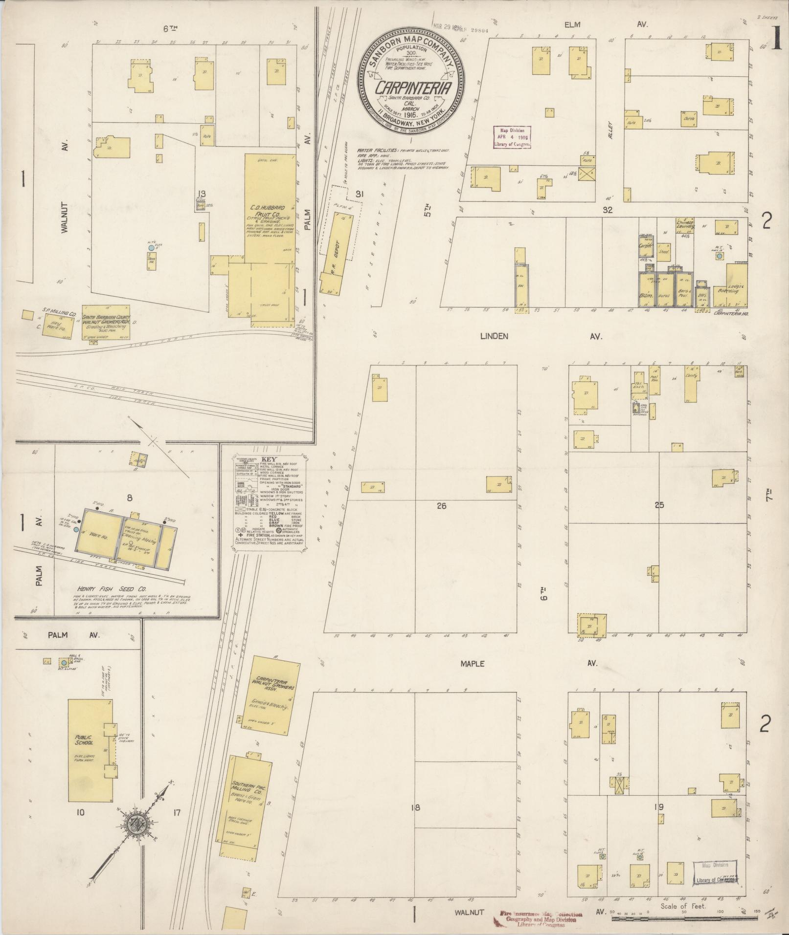 Sanborn Fire Insurance Map from Carpinteria, Santa Barbara County, California (1916), Sheet #0001 - Complete Map Set gallery image, historic Sanborn map, vintage wall art, California California